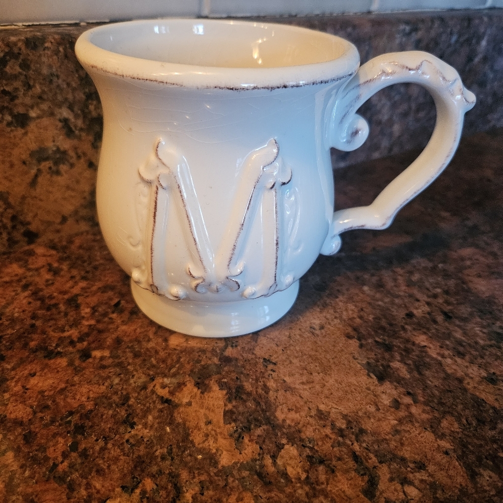 Pier 1 Cream ELIZABETH Monogram M Mug: Embossed With Brown Edges